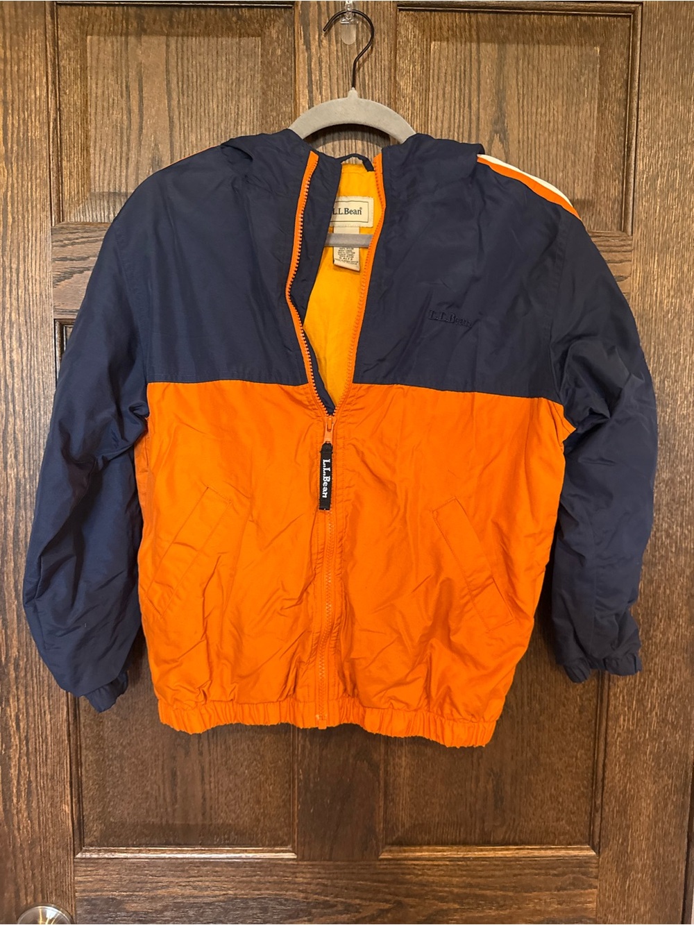 L.L. Bean Kids' Hooded Colorblock Jacket in Orange and Navy Unisex or Boys 10-12